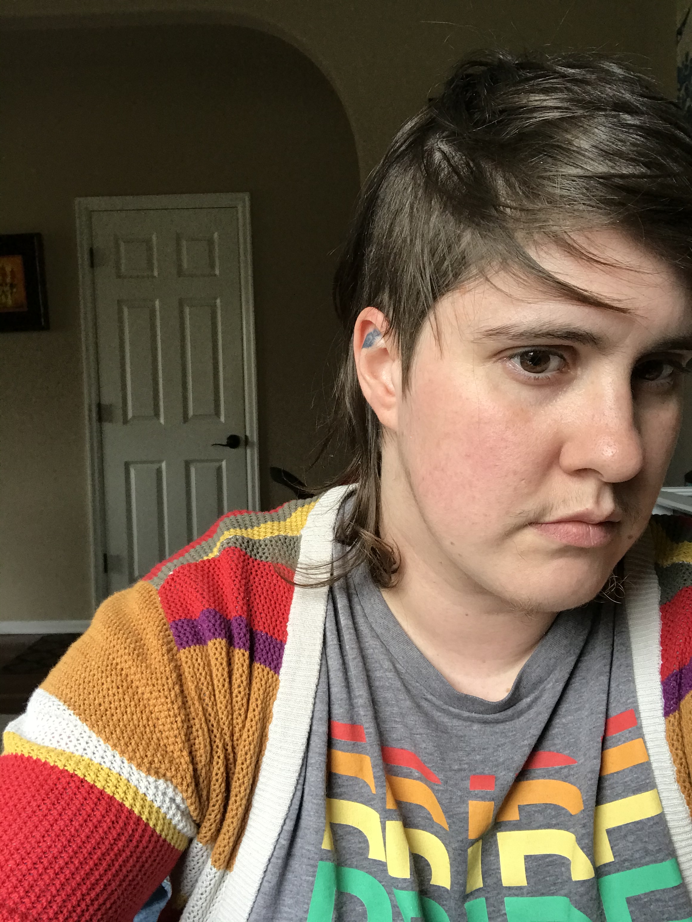 Image of a person wearing a pride shirt and striped sweater leaning to the right