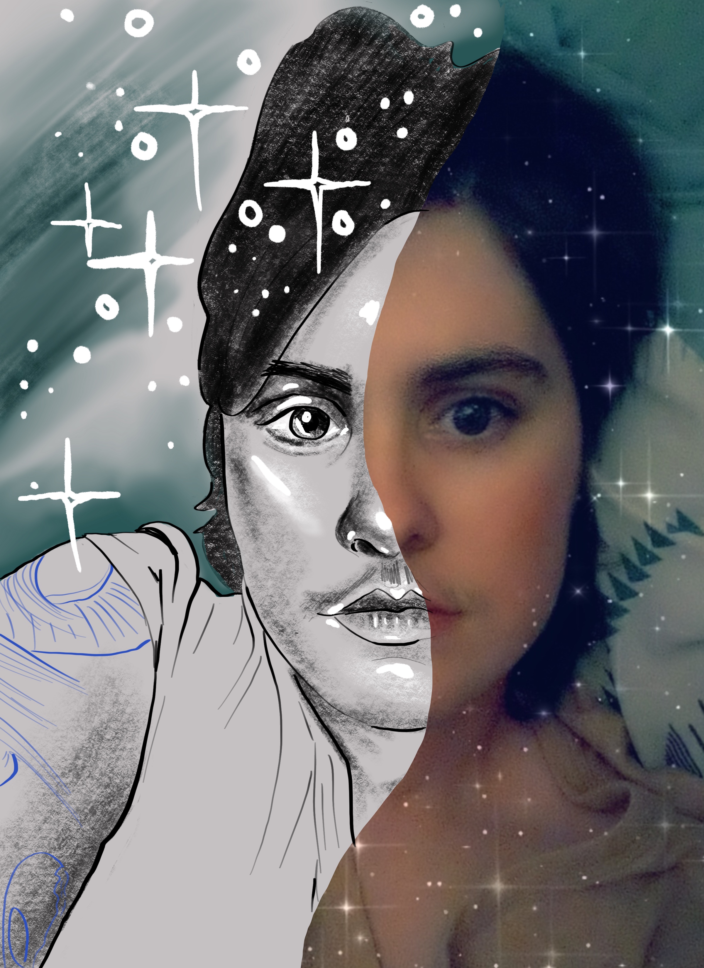 A picture of a person with brown hair and eyes half of the image is drawn with a graphite texture