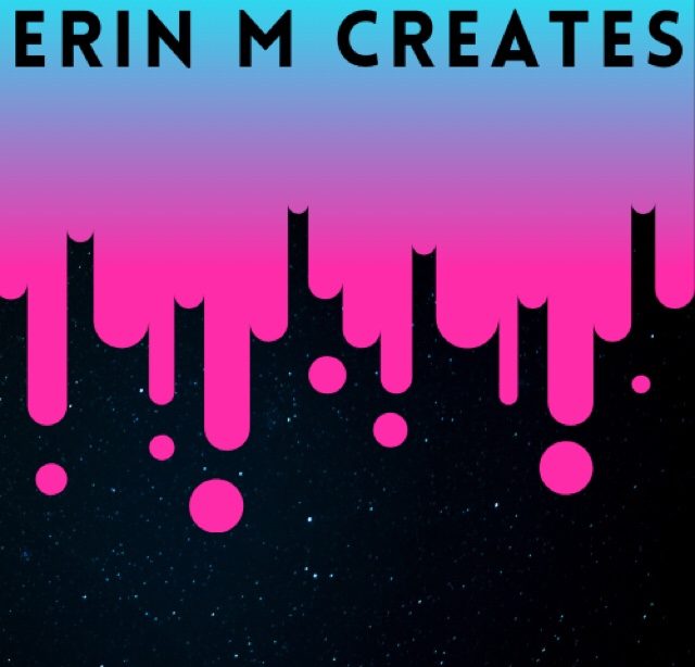 Digital Logo that says Erin m creates over a dripping pink/blue gradient in space
