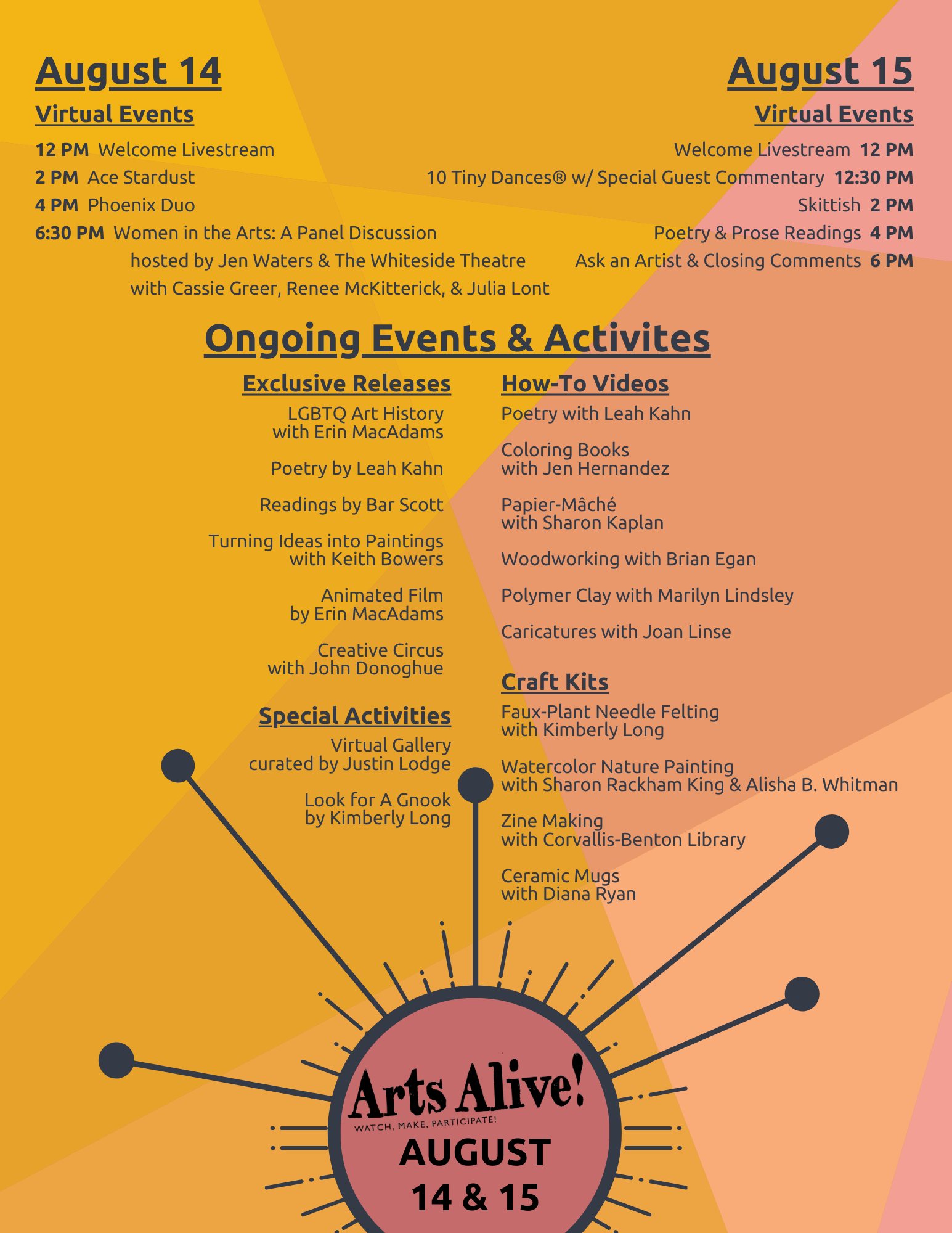 Orange Poster of Arts Alive Schedule from 2020