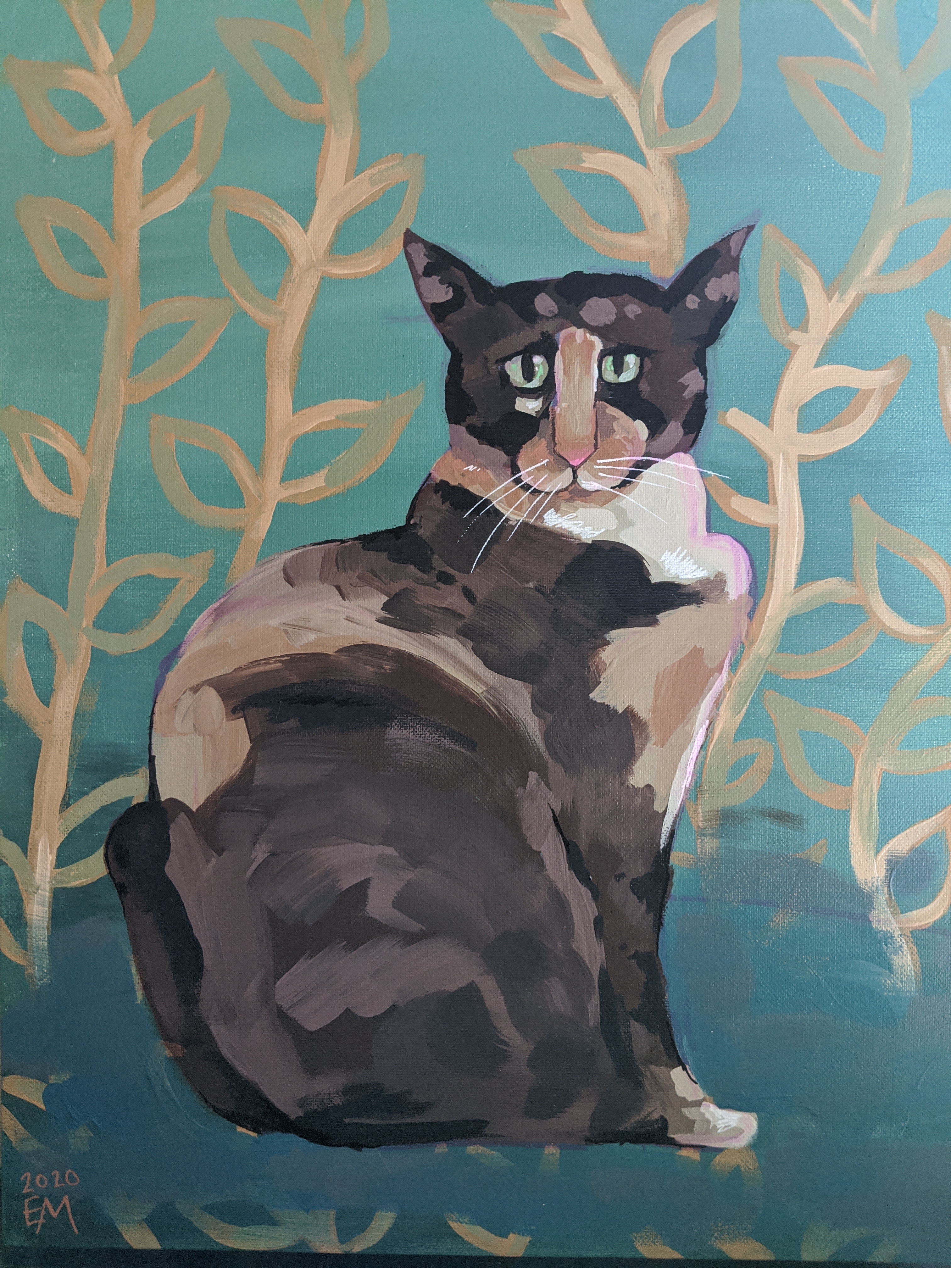 Acrylic painting of a brown cat on a teal background with leaf patterns