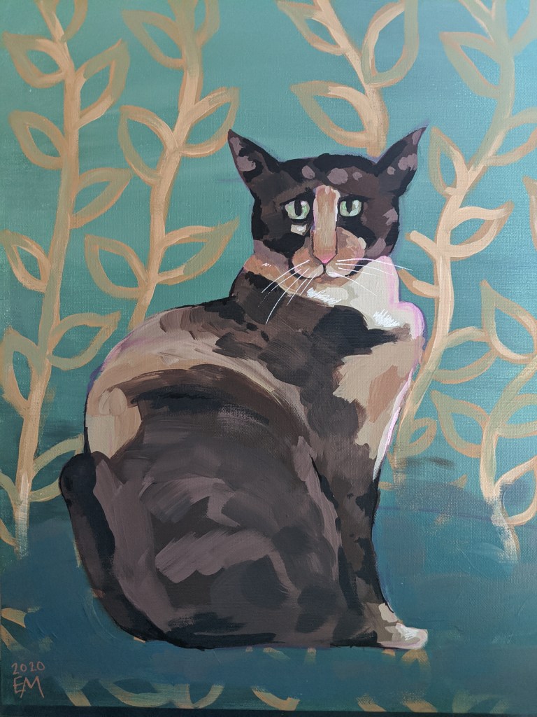 Acrylic painting of a brown cat on a teal background with leaf patterns