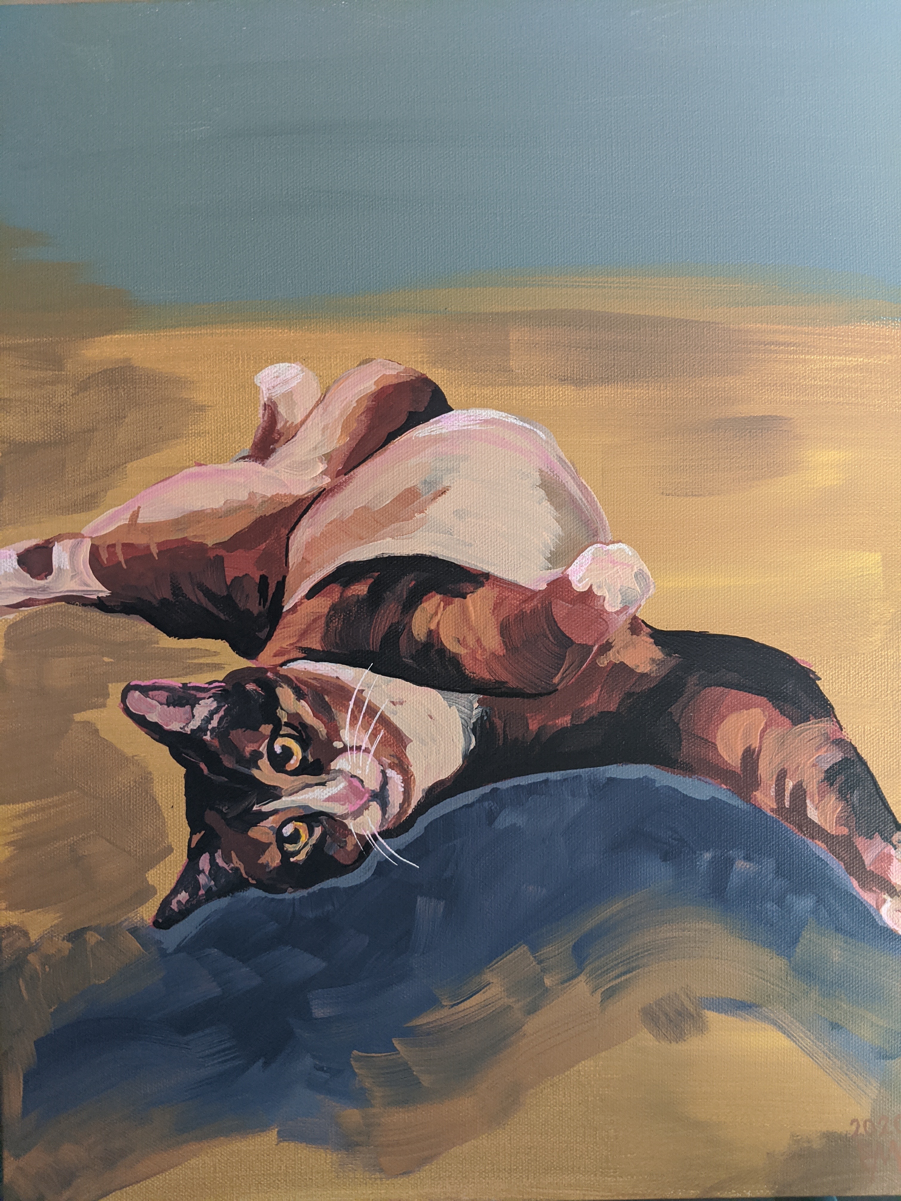 Acrylic Painting of a Cat laying on his back on a golden ground