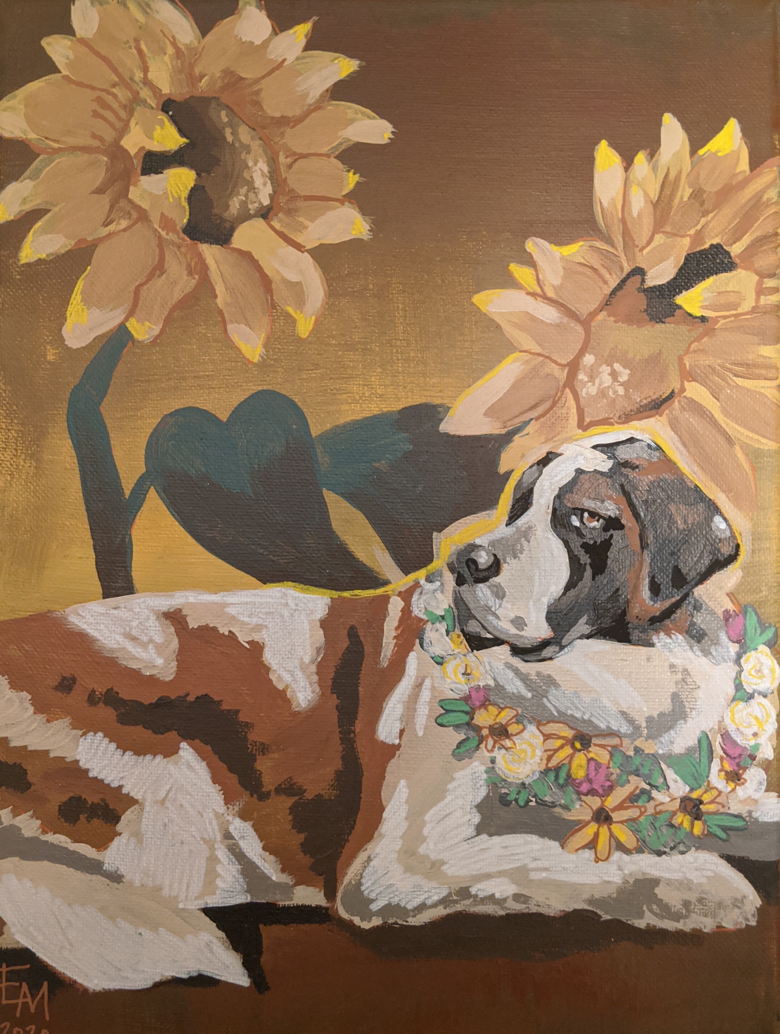 Acrylic Painting of a Saint Bernard with Sunflower theme