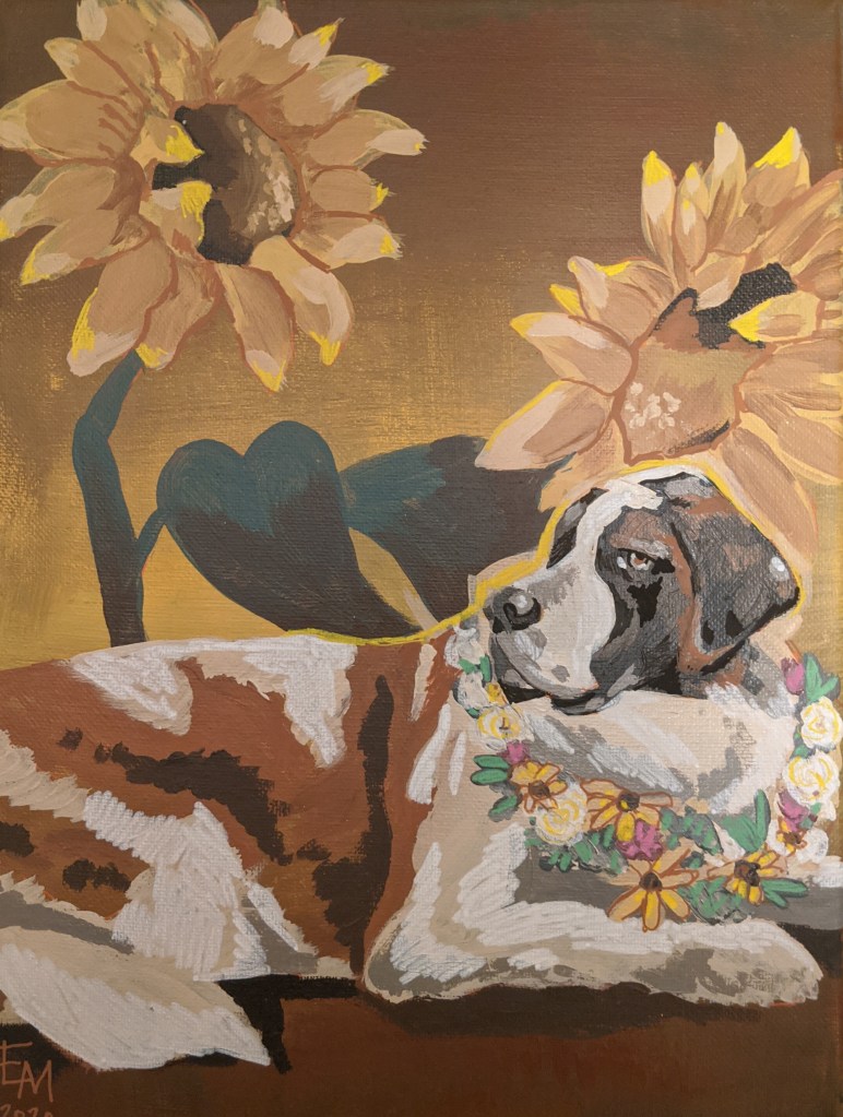 Acrylic Painting of a Saint Bernard with Sunflower theme