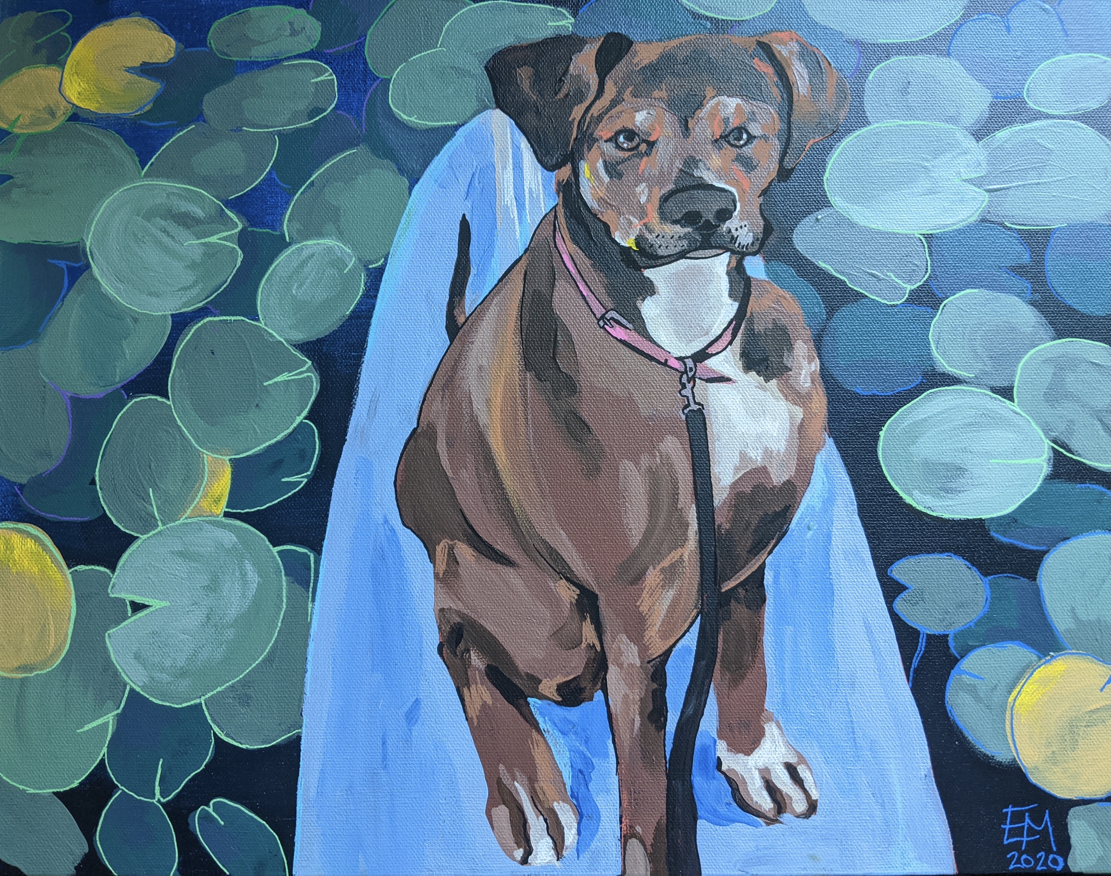 Acrylic Painting of a Dog on a Paddle Board in some Lilies