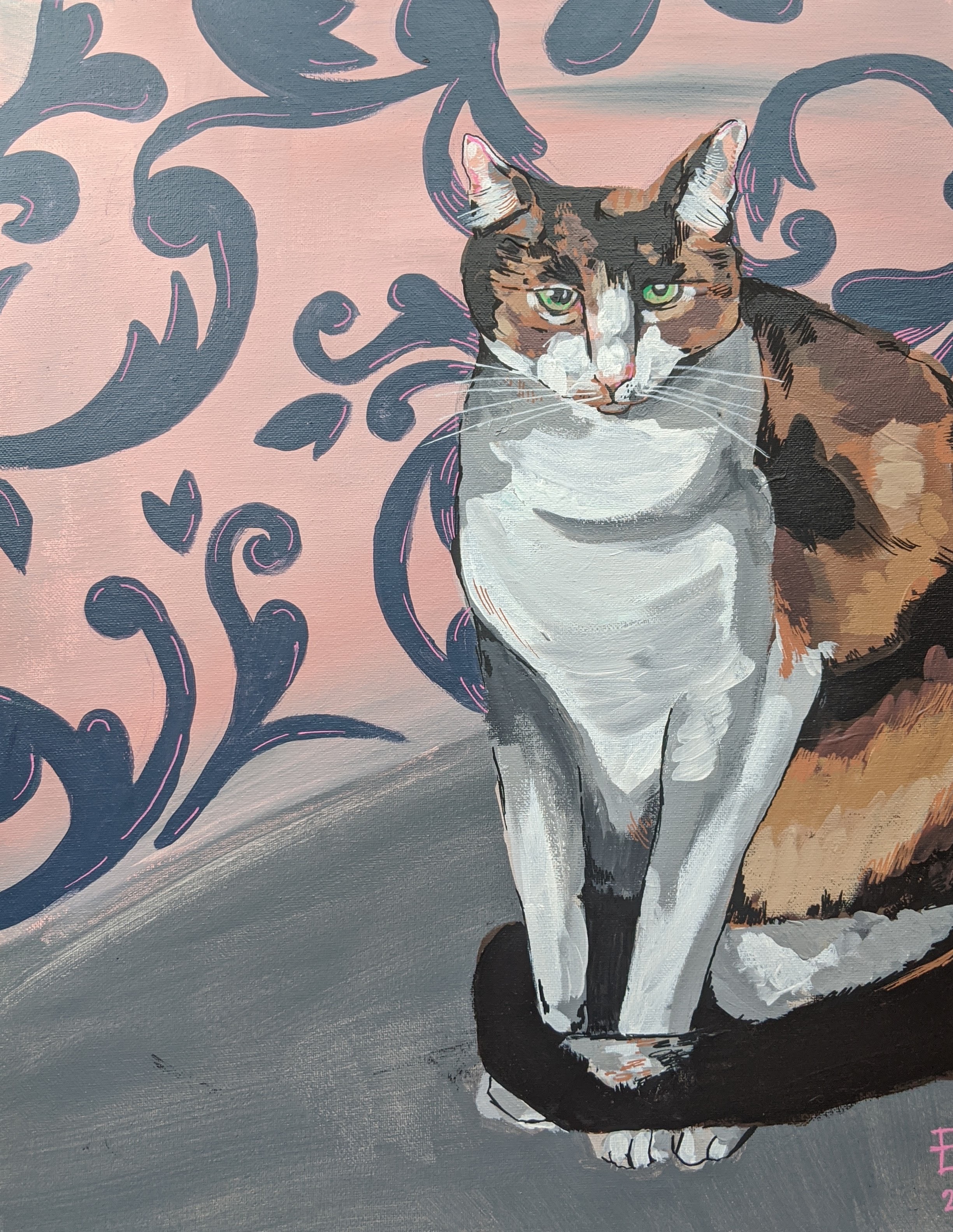 Acrylic Painting of a Calico Cat on a Pale Pink Patterned Backgorund