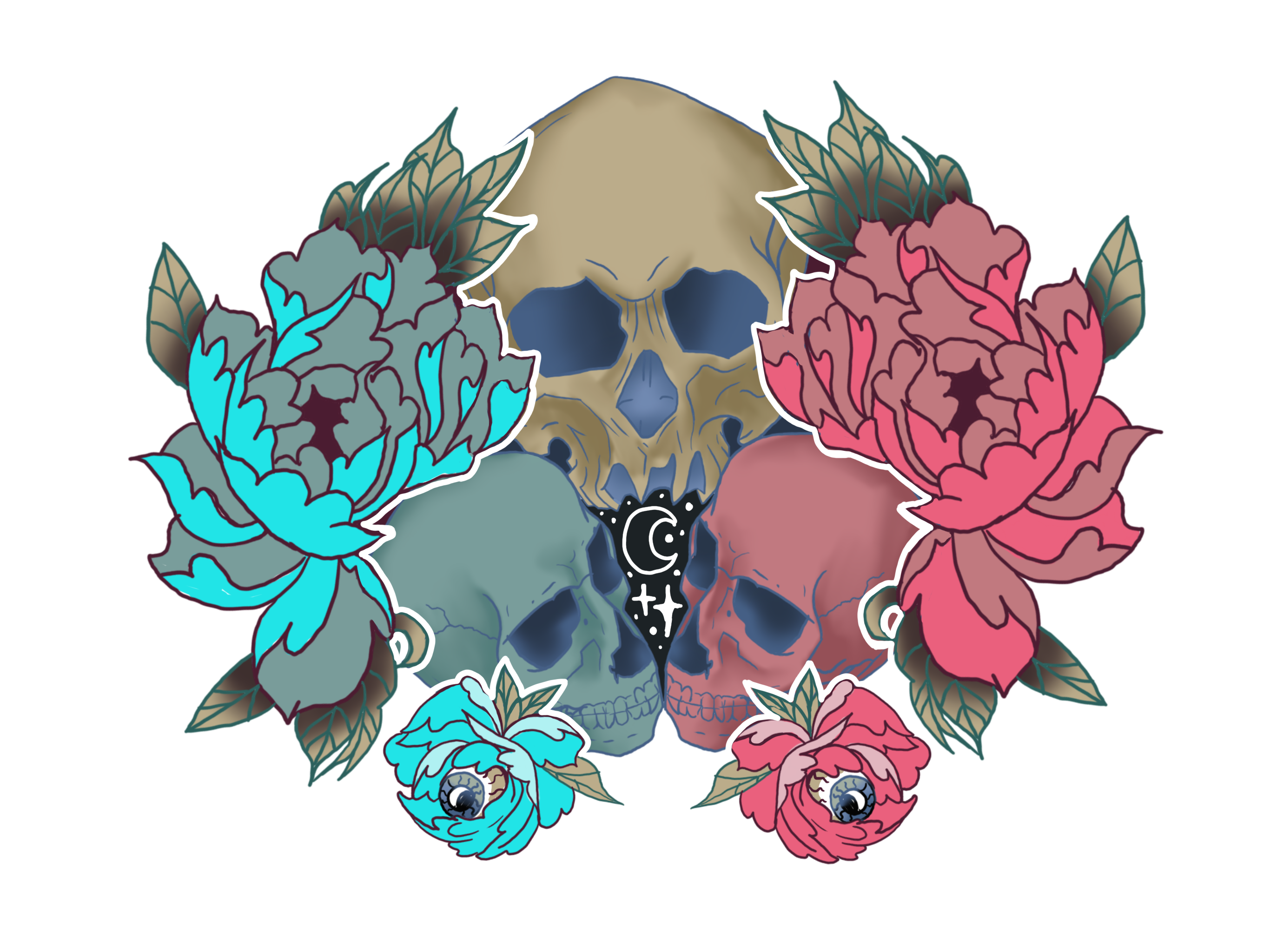 Digital Drawing of a skull and chrysanthemum tattoo design in blue and pink