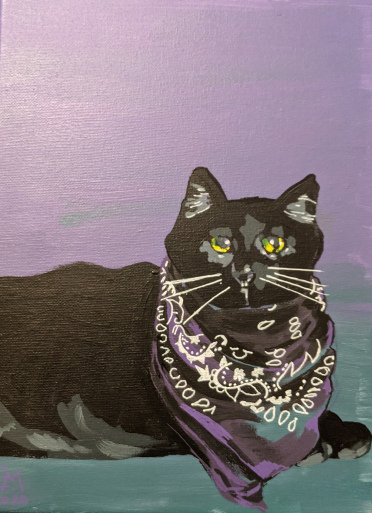 Acrylic painting of a black cat in a purple bandana on a purple and green background.