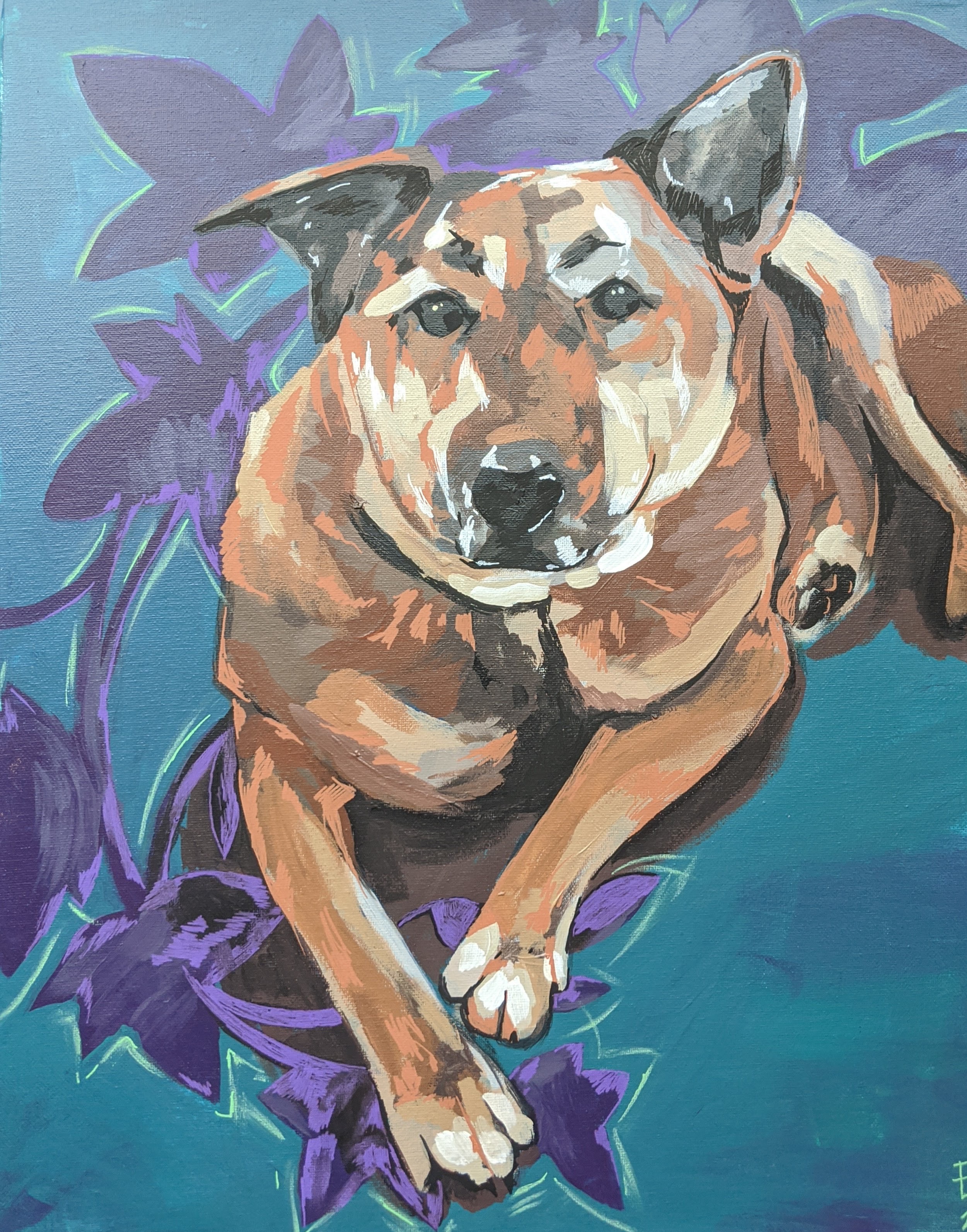 Acrylic Painting of a Brown Dog with an Ivy Pattern in Blue on the Background