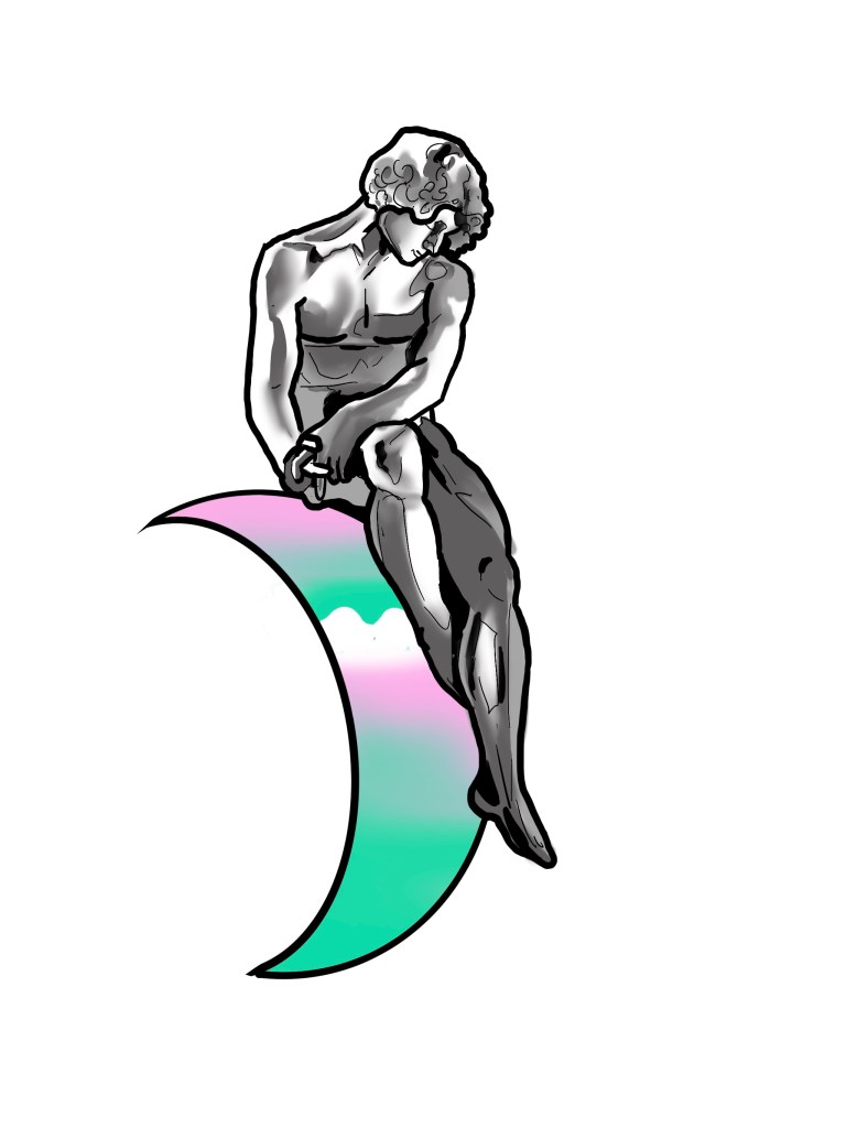 A Digital Drawing of a Tattoo Design of a Black and Grey Figure sitting on a crescent mood in teal and pink.