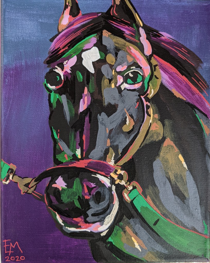 A Colorful Painting of a Horse. Zoomed in on the face.