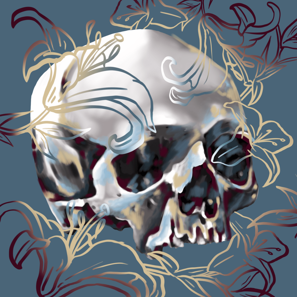 Digital Painting of a Skull with Lily embellishments.