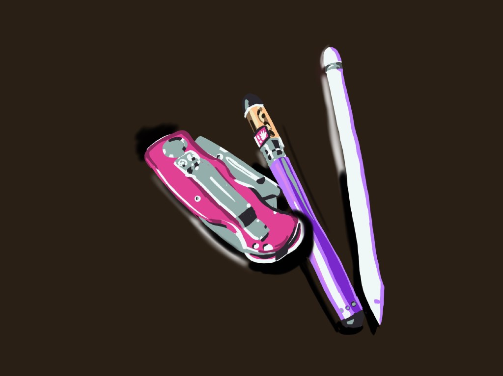 Digital painting of a still life including a pocket knife, a vape pen and an Apple Pencil.