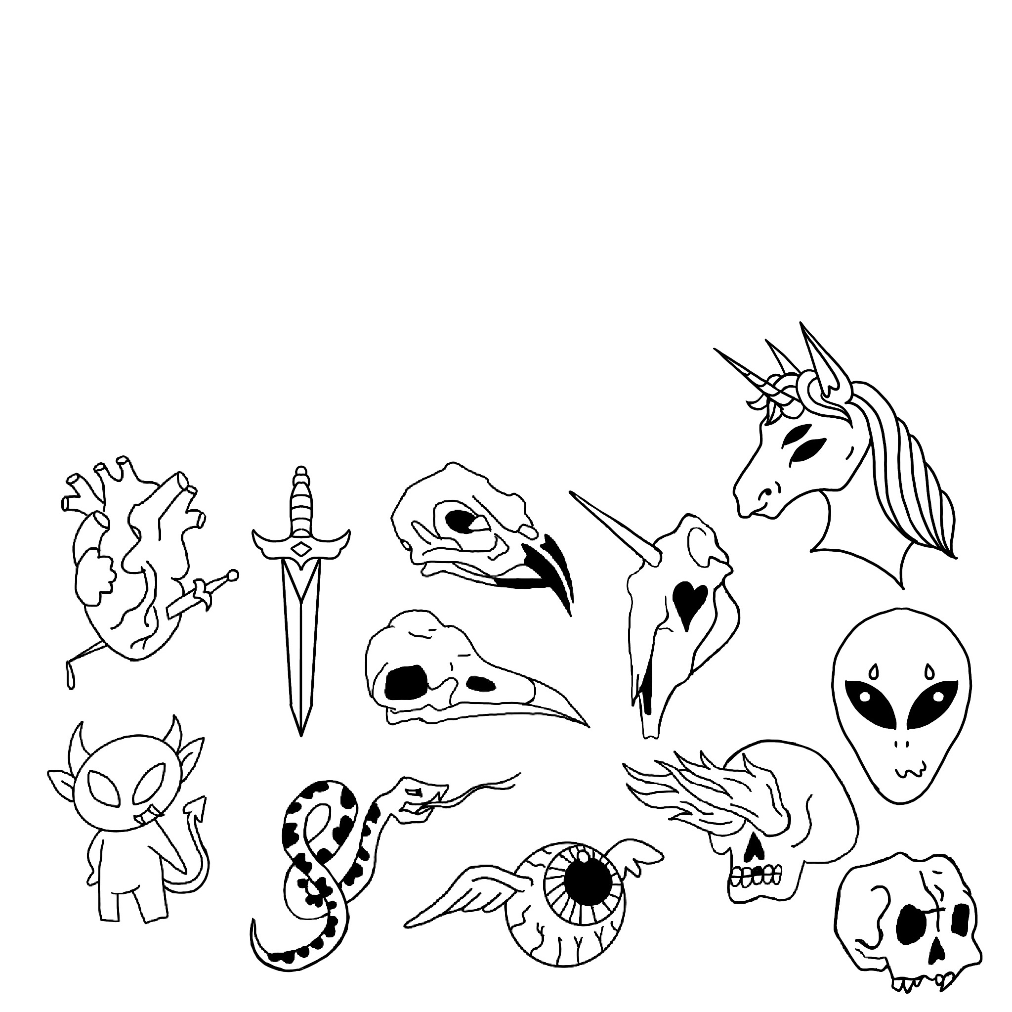 Digital Drawings of small tattooable designs featuring skulls, anatomical heart, unicorn and devil.