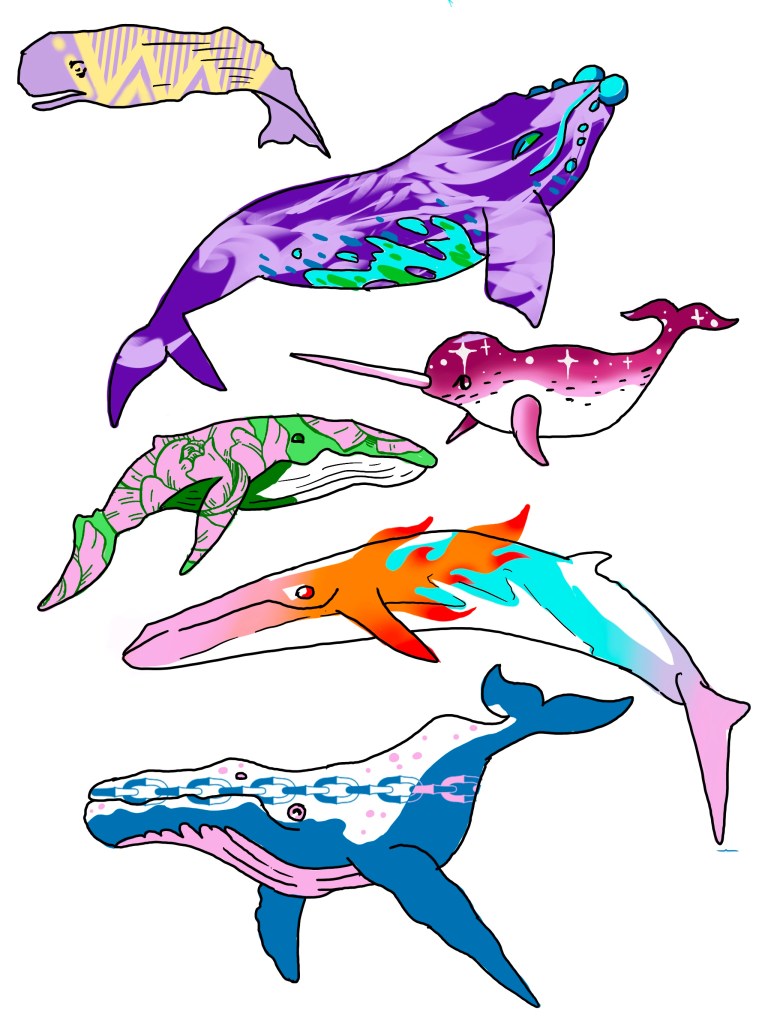 Digital Drawing of a Sheet of Whale Tattoo Designs with Patterns inside of their outlines