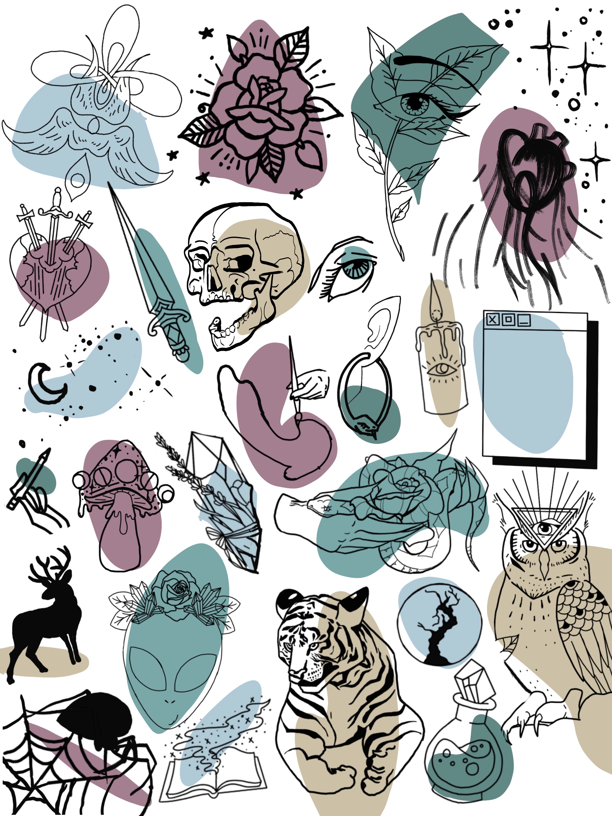 A Digital Sheet of small tattooable designs with color blocks behind black linework. Featuring a heart, plants, skulls and an alien.