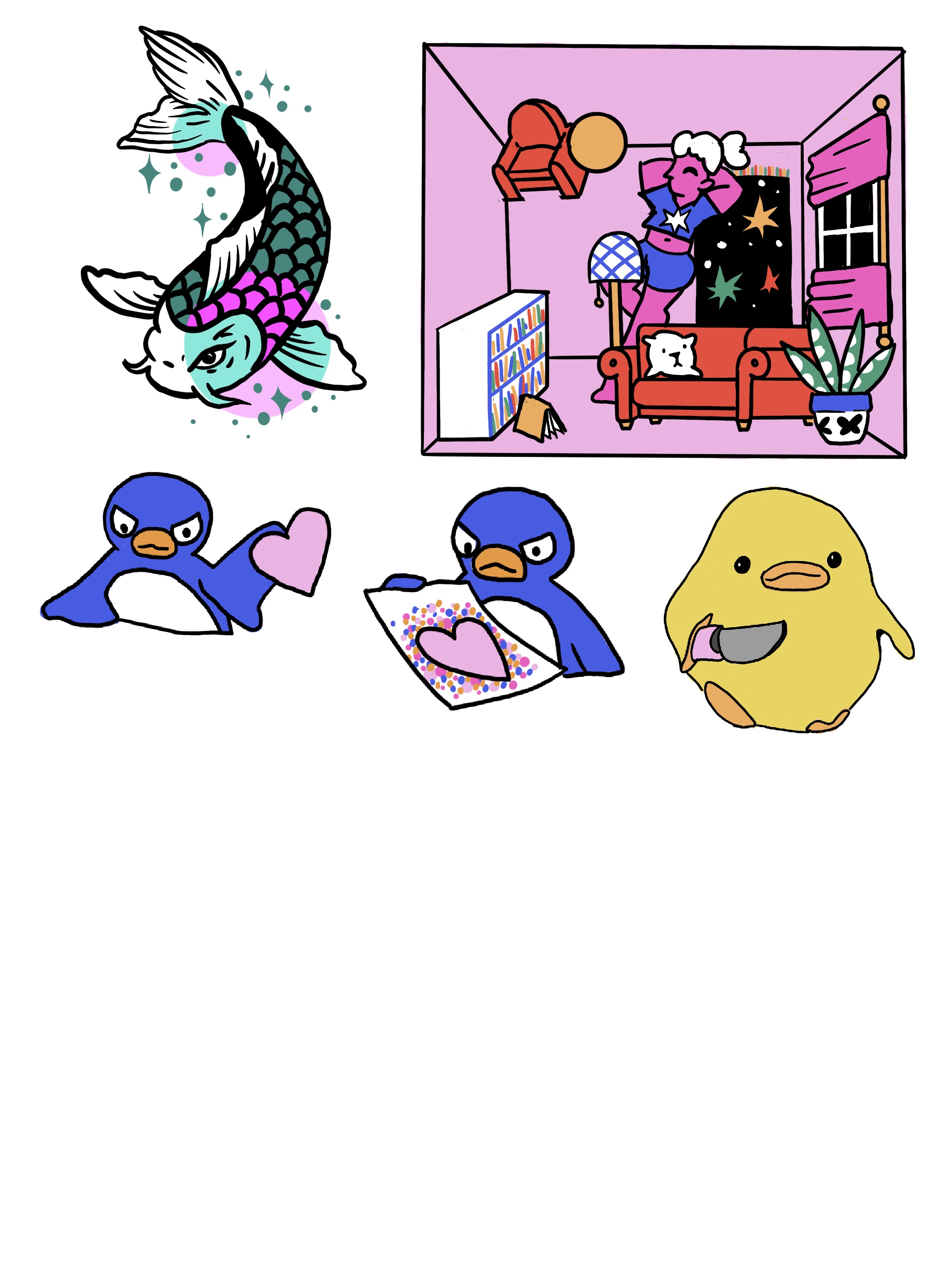 Digital Drawing of tattooable designs of a room, a koi, a penguin and a duck.