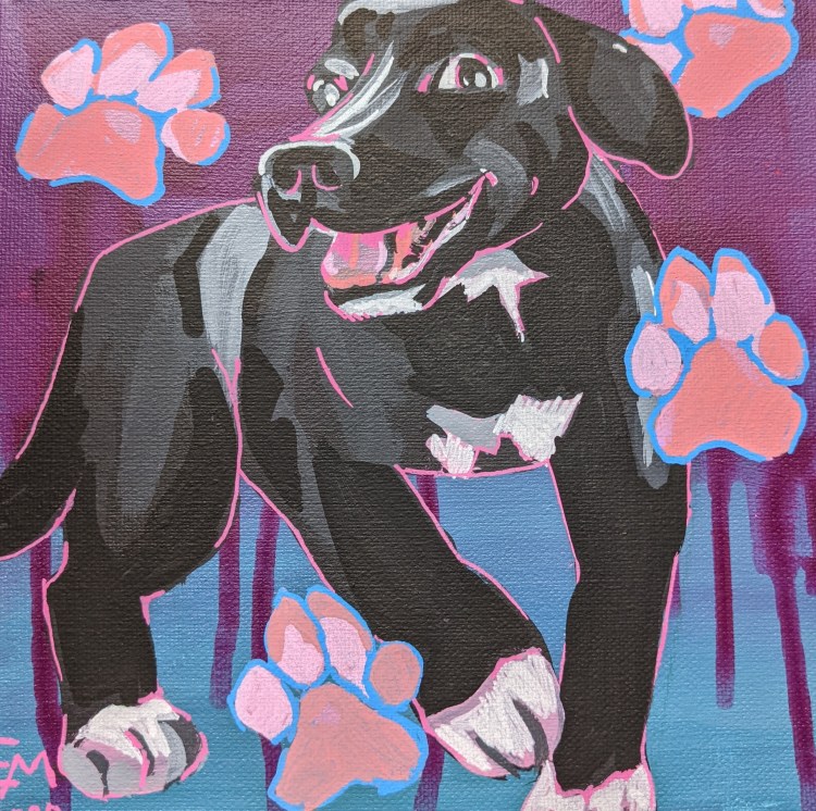 Acrylic Painting of a Black Puppy with Markings on a Purple/Blue Background with Pink Pawprints