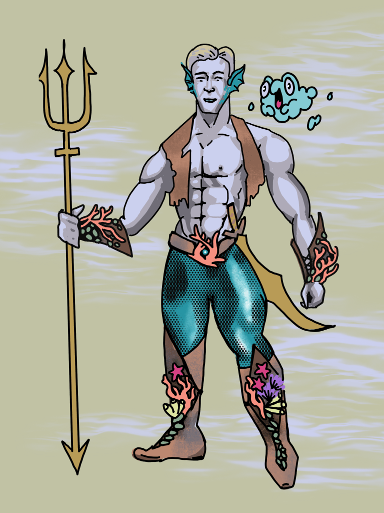 Digital Drawing of a Water inspired Character featuring a trident and coral armor.