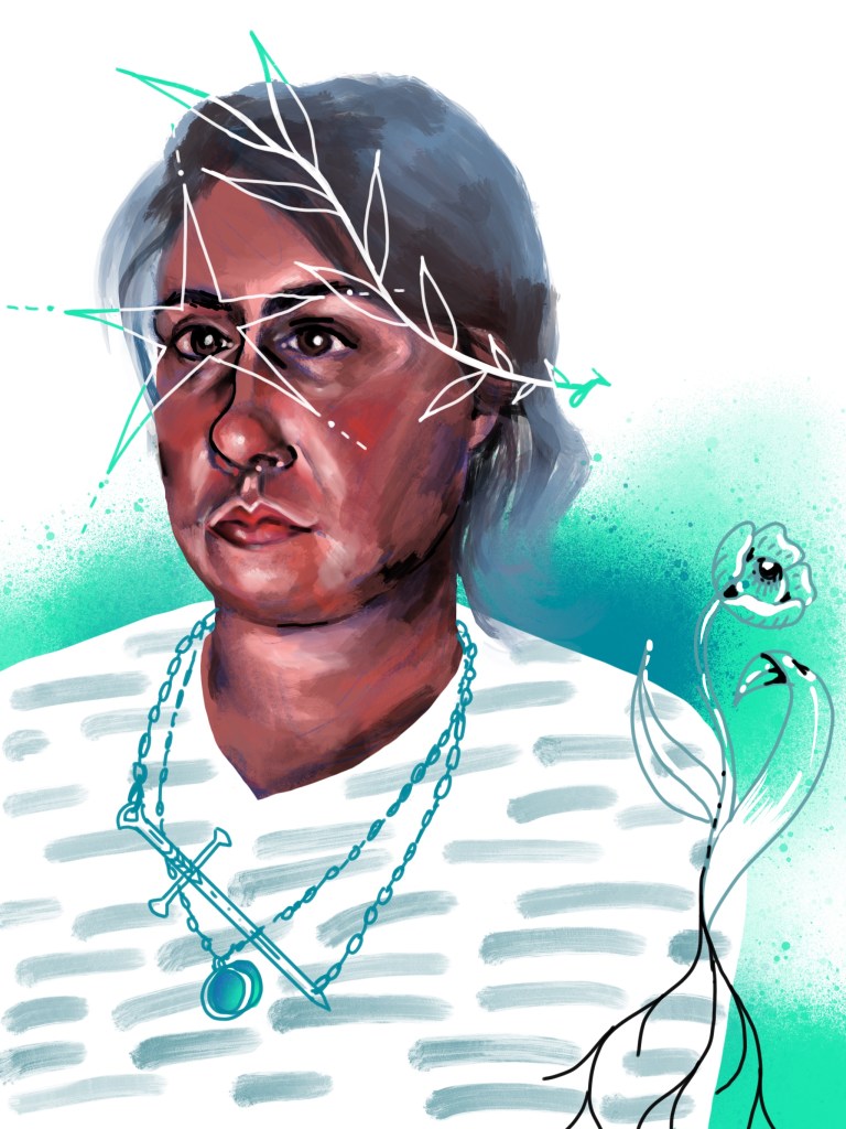 Digital Portrait Painting with floral design elements and teal/blue details.