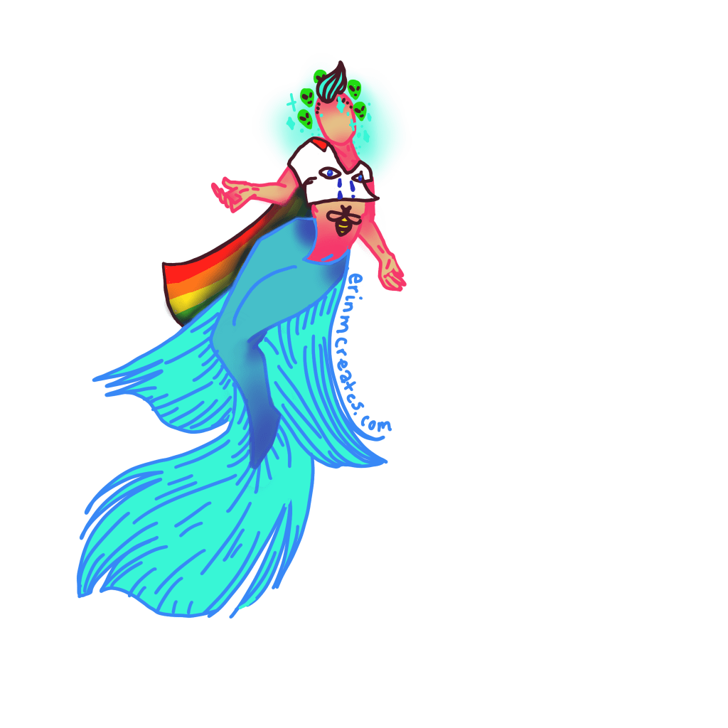 Digital drawing of a mermaid with blue tail and fins, a bee, rainbow and aliens.
