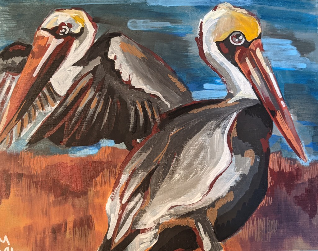 Acrylic Painting of two Herons one standing in foreground and one taking off in the background. Against grass and cloudy sky.