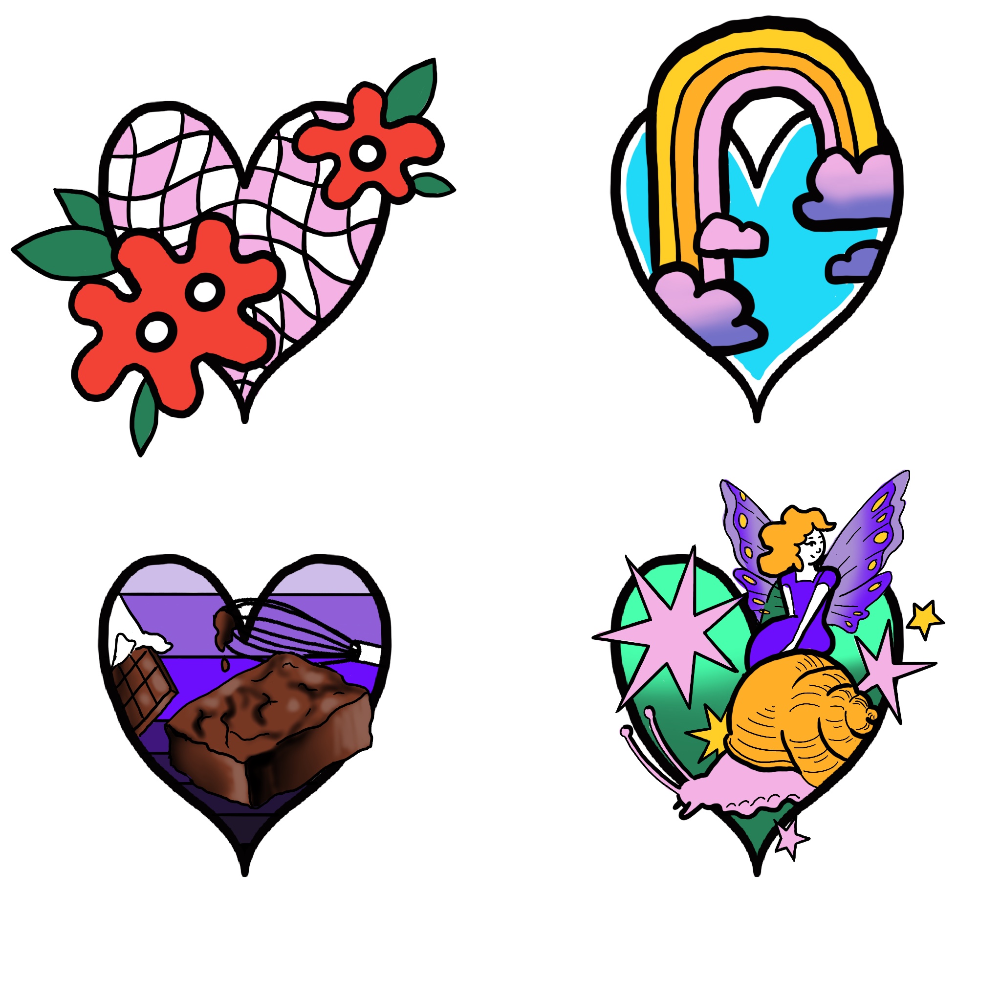 Digital Drawings of tattooable heart designs featuring a fairy, snail, brownies, a rainbow and flowers.