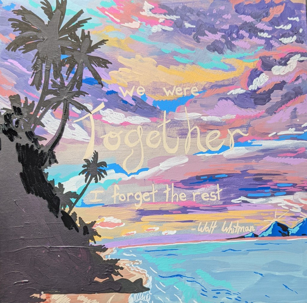 Acrylic painting of a seascape with silhouetted palm trees to the left and detailed colorful sky/clouds