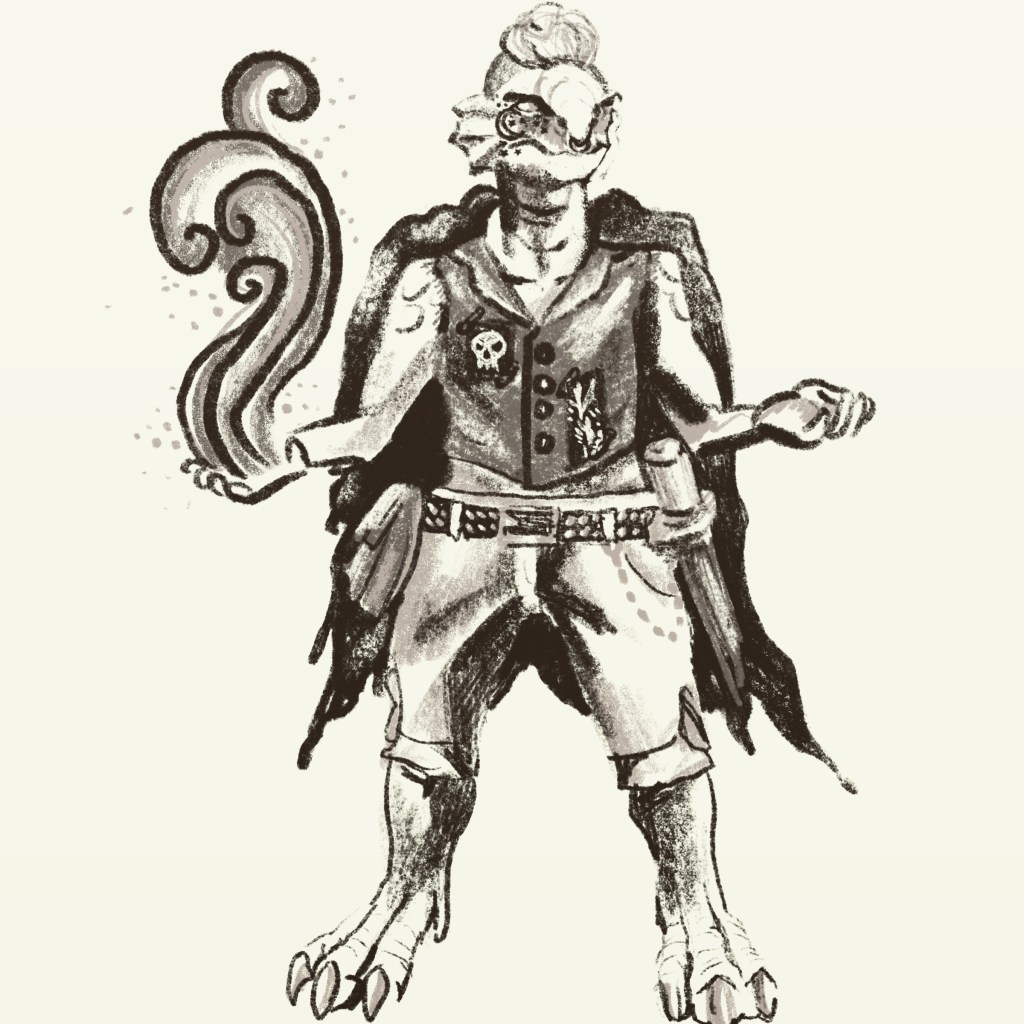 Digital drawing in a charcoal inspired style of a Dragonborn Druid character.