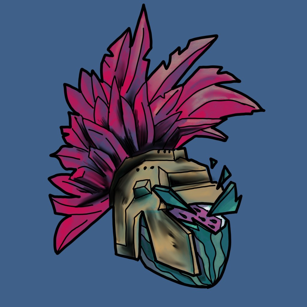 A Digital Drawing on a blue background of a Roman helmet on a watermelon that is shattering