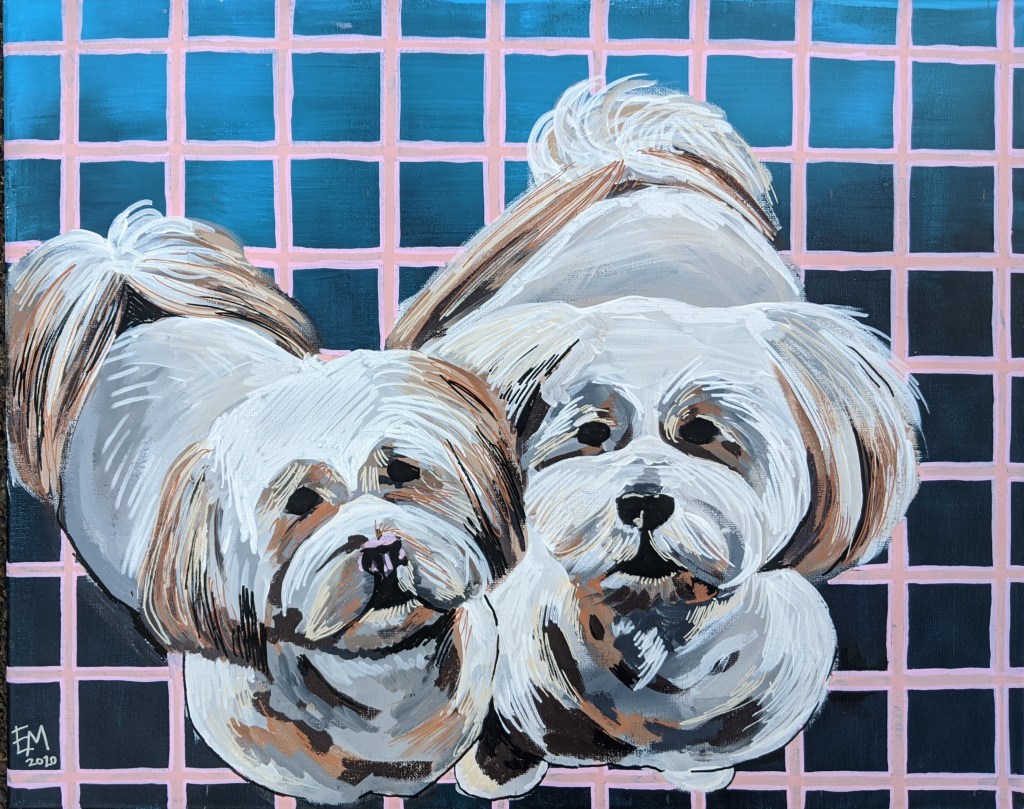 Acrylic Painting with 2 white long haired dogs and a pink grid background.