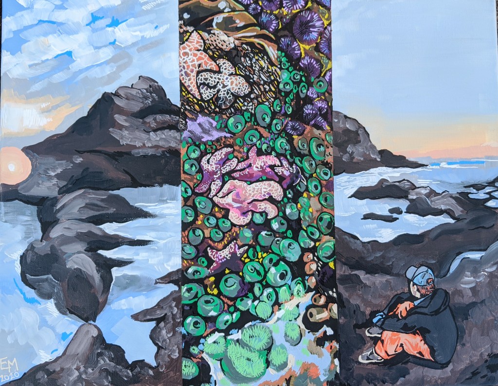 An acrylic painting of a seascape with a figure sitting on the rocks in orange and grey. The center has a panel of zoomed in ocean creatures.