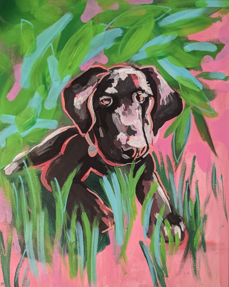 An Acrylic Painting of a Black Puppy on a Pink Background with Grass and Leaves