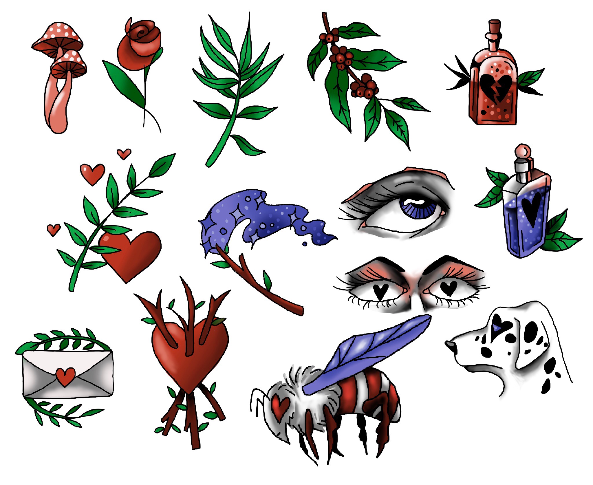 Digital Drawing of Valentines themed flash featuring potion bottles, eyes, hearts and plants.