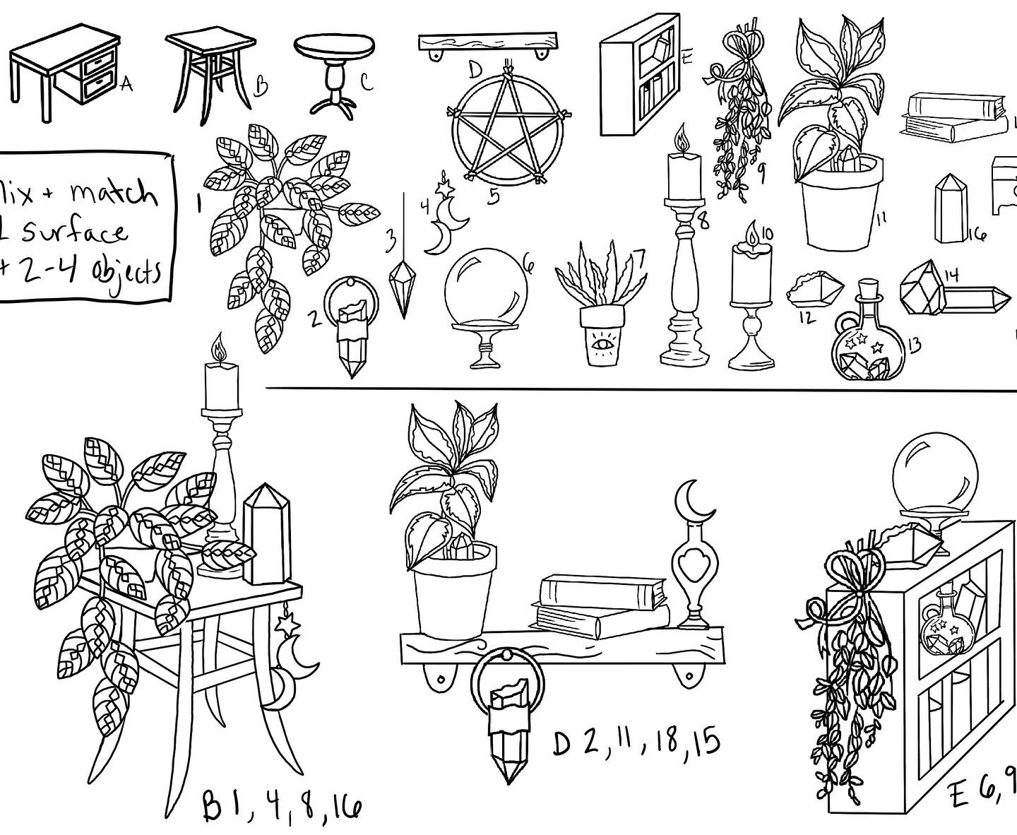 Digital Drawing of different surfaces and objects that can be customized and combined to form different designs