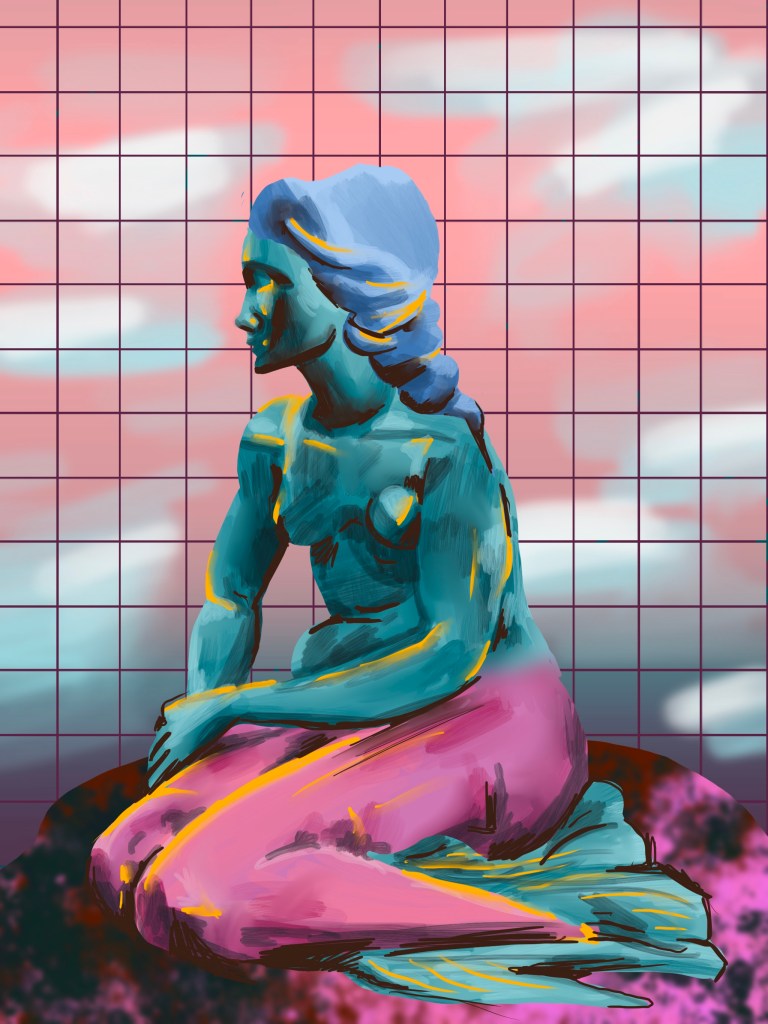 A colorful digital painting based on a mermaid statue.