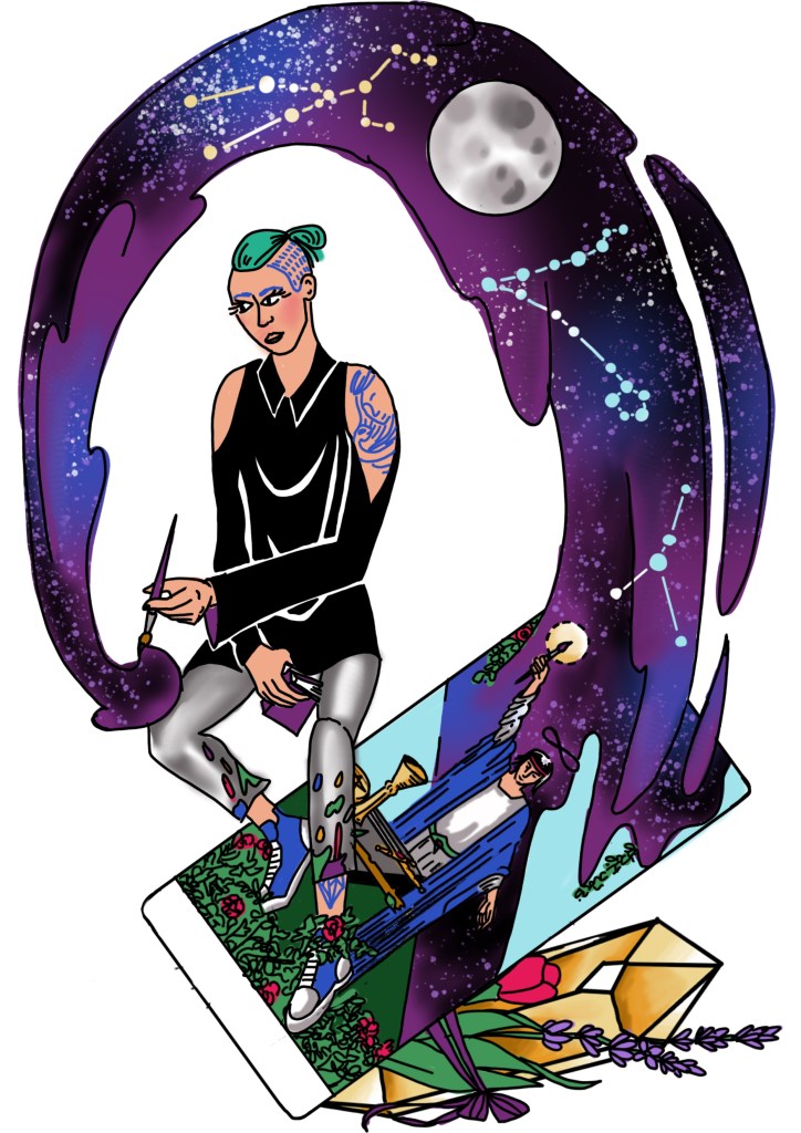 Digital Drawing of a witch painting a night sky and stepping out of the magician tarot card with plants and crystal elements.