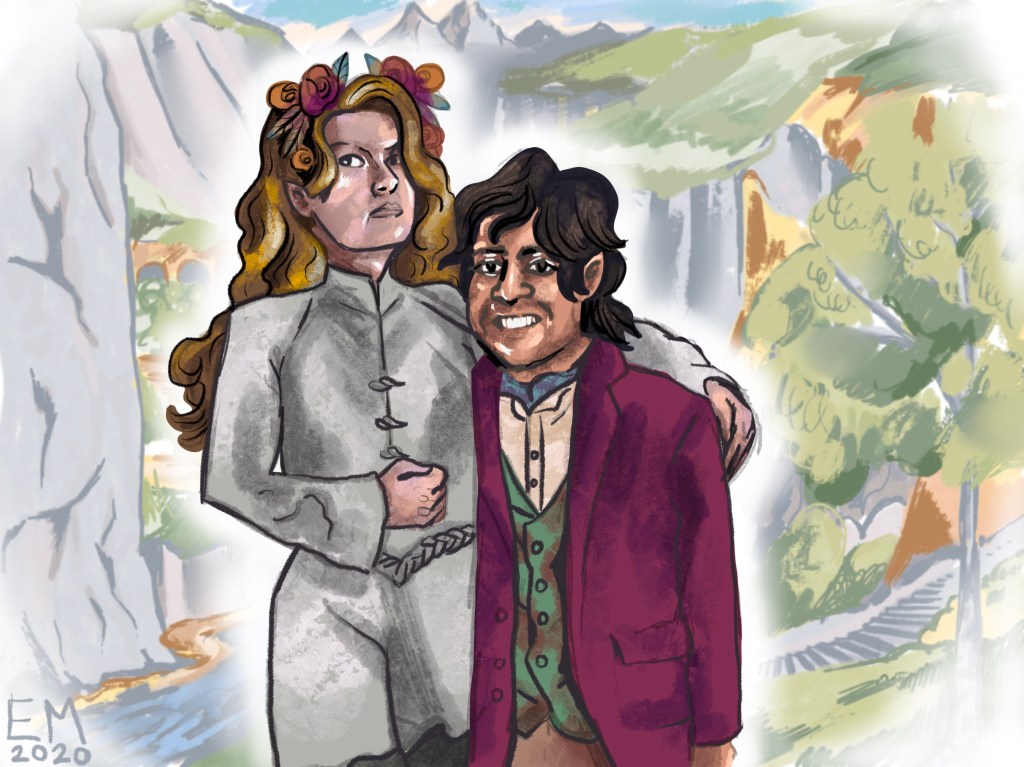 Digital Painting inspired by Lord of the Rings featuring a couple as an elf and hobbit.