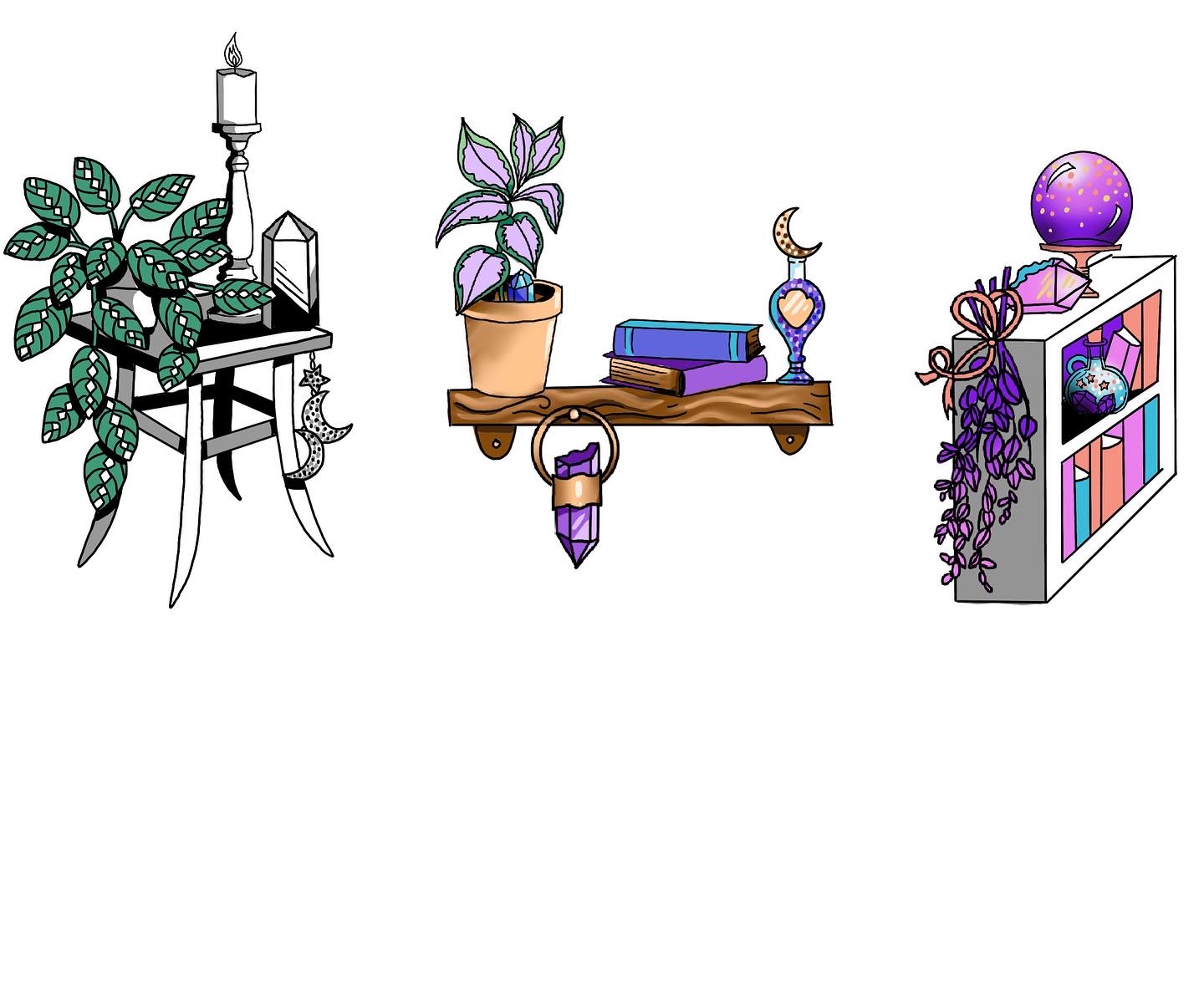 Digital Drawing of a table, a shelf and a bookshelf with crystals, plants, candles and books