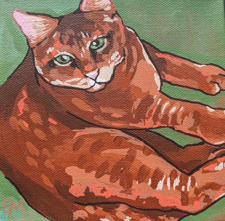 Acrylic Painting of an Orange Cat on a Green Background with Green eyes.